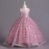 4-14Y Kid Girl Princess Flower Wedding Embroidered Piano Performance Dress