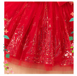 3-8Y Kid Girl Christmas Red Long Sleeve Bubble Sleeve Bow Dresses