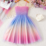Kid Girls Suspender Mesh Gradual  Rainbow Casual Dress