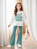 INS Girls Girls Floral and Slogan Pattern Shoulder Pullover and Flared Pants Two-piece Set