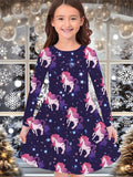 2-10T Kid Girl Crew Neck Long-sleeved Flower Casual Dresses