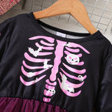 3-8Y Kid Girls Princess Halloween Skull Print Stitching Mesh Dresses