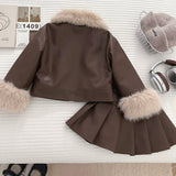 2-10T Kid Girls Leather Fur Collar Jacket Pleated Suits 2 Pcs Set