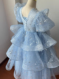 Kid Girl Blue Princess Fluffy Yarn Birthday Host Catwalk Dresses