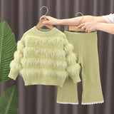 1-6T Kid Baby Girl Knitted Flared Long-sleeved Suit 2 Pcs Set