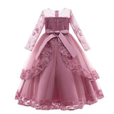4-14T Kid Girls Lace Princess Handmade Beaded Long-sleeved Tutu Wedding Dresses