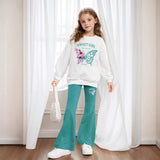 INS Girls 2-piece Set & Butterfly Print Long-sleeved Sweater + Flared Pants