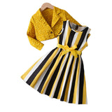 3-10Y Kid Girls Vertical Striped Lapel Jacquard Suit 2 Pcs Set
