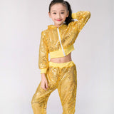 2-12Y Kids Girls Outfits Shiny Hooded Zipper Sequin Tops+Bottoms 2 Pcs