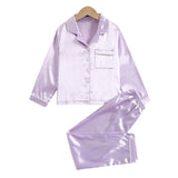 5-12T Kid Girl Solid Color Long-sleeve Imitation Silk Pajamas