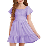 Kid Girl Summer Solid Halter Pleated Casual Dress