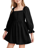Kid Girl Square Neck Lantern Sleeve Ruffle High Waist Lace Dresses