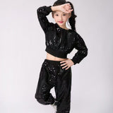 2-12Y Kids Girls Outfits Shiny Hooded Zipper Sequin Tops+Bottoms 2 Pcs
