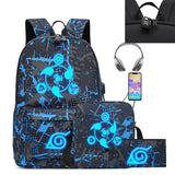 3pcs Luminous Naruto Backpack Students Anime USB Charging Schoolbag