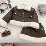 2-10T Kid Girl Leather Foreign Fur Collar Hip Suits 2 Pcs Set