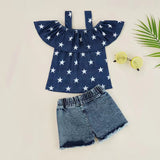 Independence Day Kid Baby Girls Denim Suspender Shorts 2 Pcs Set
