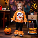 1-8Y Kid Girls Halloween Pumpkin Lantern Ghost Ruffle Flared Suit 2 Pcs Set