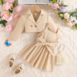 Baby Girl Sweet Lapel Long Sleeves Solid Color Suspender 2 Pcs Sets