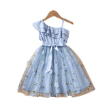 Kid Baby Girl Fashion INS Lotus Leaf Slant Shoulder Suspender Craft Yarn Dress