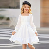 Kid Girl Square Collar Horn Long-sleeved Ruffle Big Swing Dresses