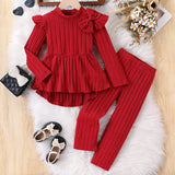 3-8Y Kid Girls Red Pit Strip Bow Fly-sleeved Suit 2 Pcs Set