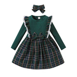 Kid Girl Plaid Long-sleeved Version Christmas Bow A-shaped Dress