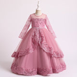 4-14T Kid Girls Lace Princess Handmade Beaded Long-sleeved Tutu Wedding Dresses