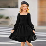 Kid Girl Square Collar Horn Long-sleeved Ruffle Big Swing Dresses