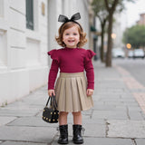 Children's Clothing Girls' Turtleneck Knitted Ribbed Long-sleeved Top Pleated Leather Skirt Two-piece Set