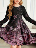 2-10T Kid Girl Crew Neck Long-sleeved Flower Casual Dresses