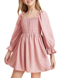 Kid Girl Square Neck Lantern Sleeve Ruffle High Waist Lace Dresses