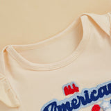 Independence Day Letter Embroidered Flying Sleeves Flared Short Sleeve Set 2 Pcs/Set