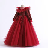 3-12T Kid Girl Long Sleeve Mesh Lace Walk Show Hosting Dress