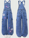 7-12Y Kid Girl Flower Embroidered Denim Overalls Casual Personality Jumpsuit Pants