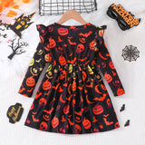 Halloween Kid Girl Long-sleeved Printed Casual Dresses