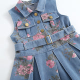 Kid Baby Girls Denim Floral Print Waist-cinched Lapel Vest Dress