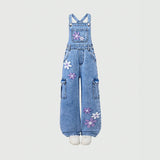 7-12Y Kid Girl Flower Embroidered Denim Overalls Casual Personality Jumpsuit Pants