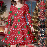 3-8Y Kid Girl Spring  Printed Long-sleeved Christmas Dresses