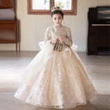 2-12T Kid Girl Champagne Long-sleeved Catwalk Puffy Gauze Dresses