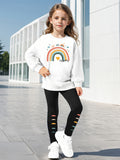 Girls 2-piece Set & Rainbow Print Long-sleeved Sweatshirt + Leggings, Winter/fall Clothes
