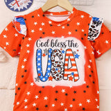 Independence Day Girls English Alphabet Print Short Sleeve Flared Pants Set