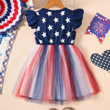 Independence Day Kid Baby Girl Star Stripe Print Fly-sleeved Mesh Dress