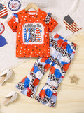 Independence Day Girls English Alphabet Print Short Sleeve Flared Pants Set