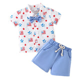Independence Day Baby Boys Short Sleeve Bow Tie Blue Shorts 2 Pcs Set