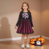 3-8Y Kid Girls Princess Halloween Skull Print Stitching Mesh Dresses