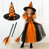 2-12Y Kid Girl Long Witch Performance Mesh Ghost Halloween Dress