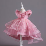 2-10T Kid Girl Shawl Lace Mesh Tutu Piano Host Performance Dresses