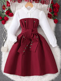 Girls' Long-sleeved Lapel Button-splicing Fashionable Contrasting Simple Dress