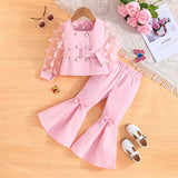 Kid Girls Long-sleeved Bow Mesh Sleeves Blazer 2 Pcs Set