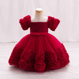 6M-6T Kid Baby Girls Princess Flower Bubble Sleeve Banquet Dress